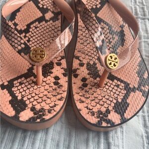 Tory Burch Pink and Black Snake Print Flip Flops